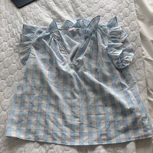 Olivaceous Light Blue and White Checkered Blouse